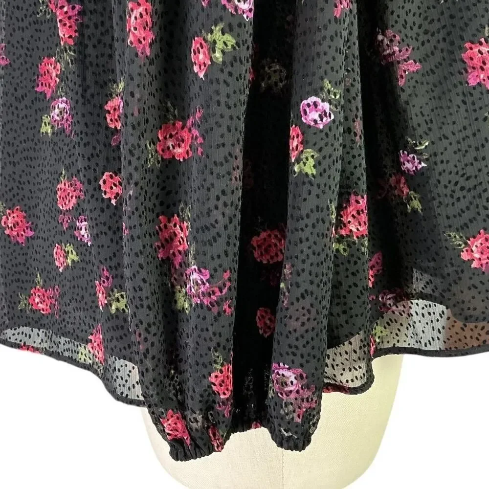 Banana Republic Top Women L Black Red Floral Velvet Dot Smocked Ruffle Collar